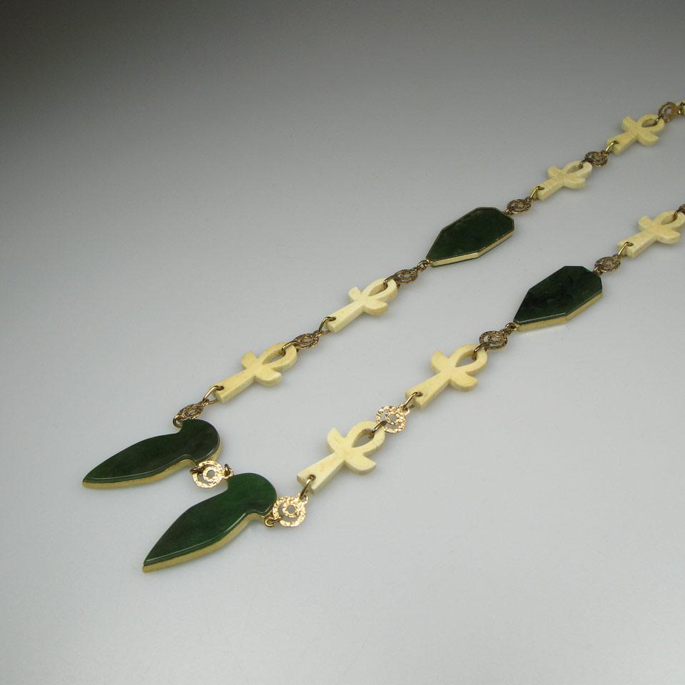 18k Yellow Gold, Nephrite And Ivory Necklace