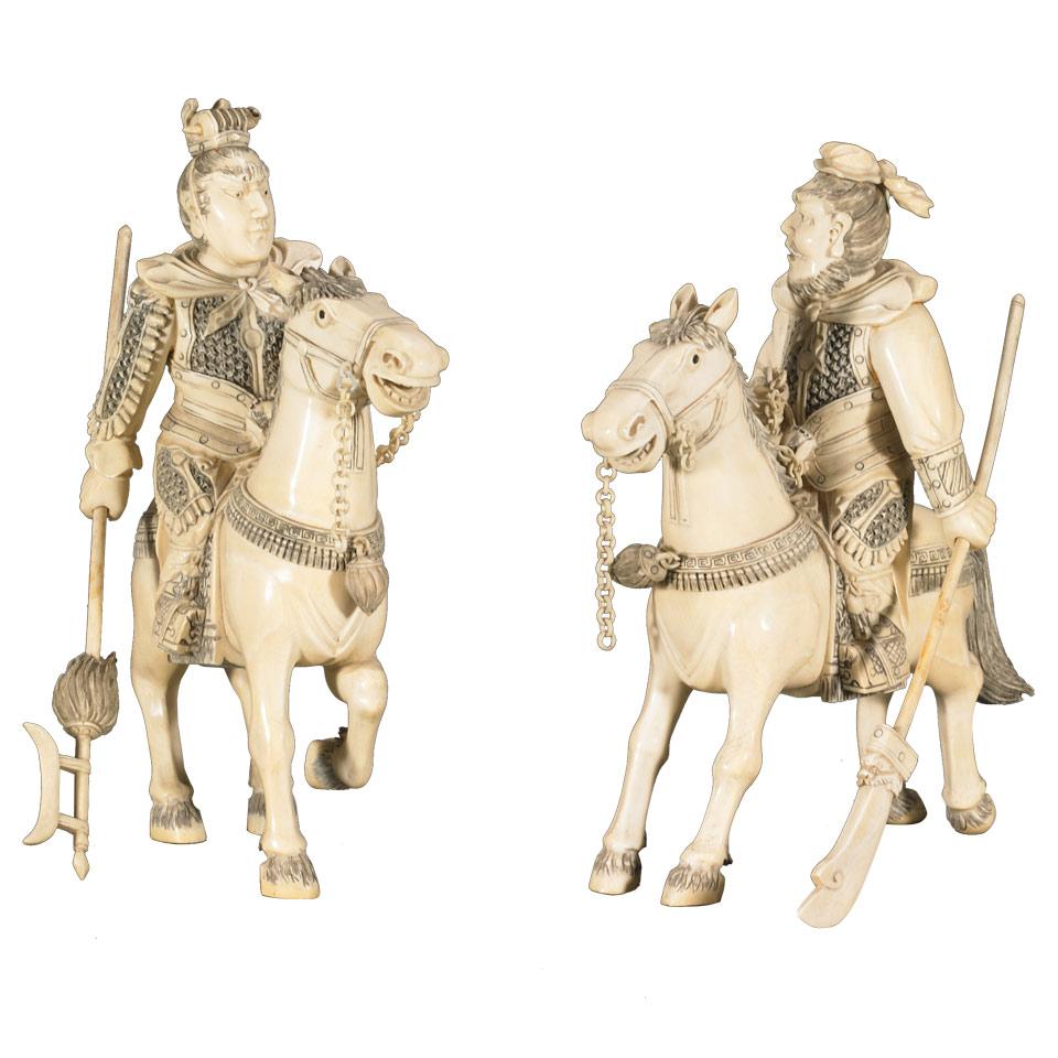 Pair of Ivory Carved Mounted Warriors
