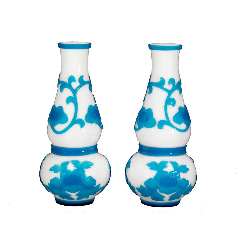 Pair of Blue Overlay White Peking Glass Bottles 