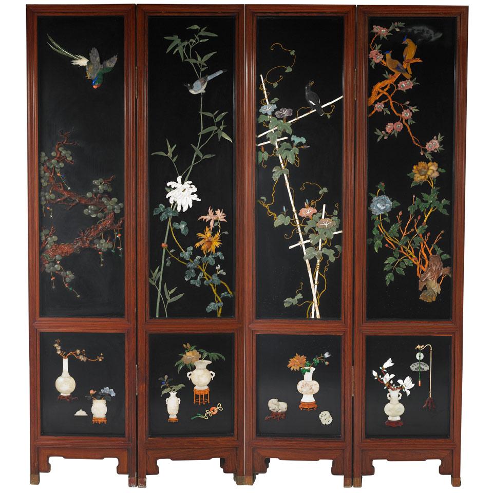 Hardstone Embellished Four Panel Screen, Early 20th Century