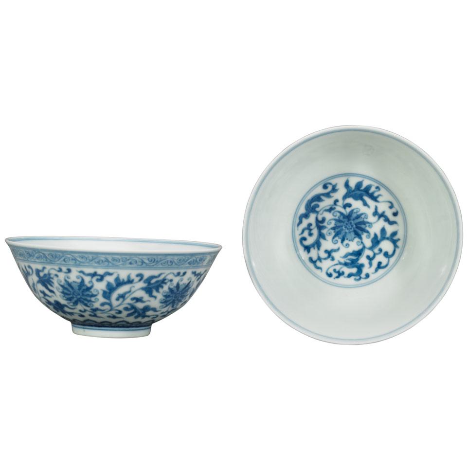 Pair of Blue and White Lotus Bowls, Qianlong Mark