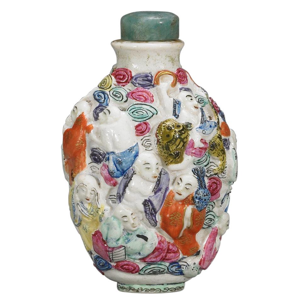 Moulded Porcelain ‘Eighteen Lohan’ Snuff Bottle, Qianlong Mark, Qing Dynasty, 19th Century