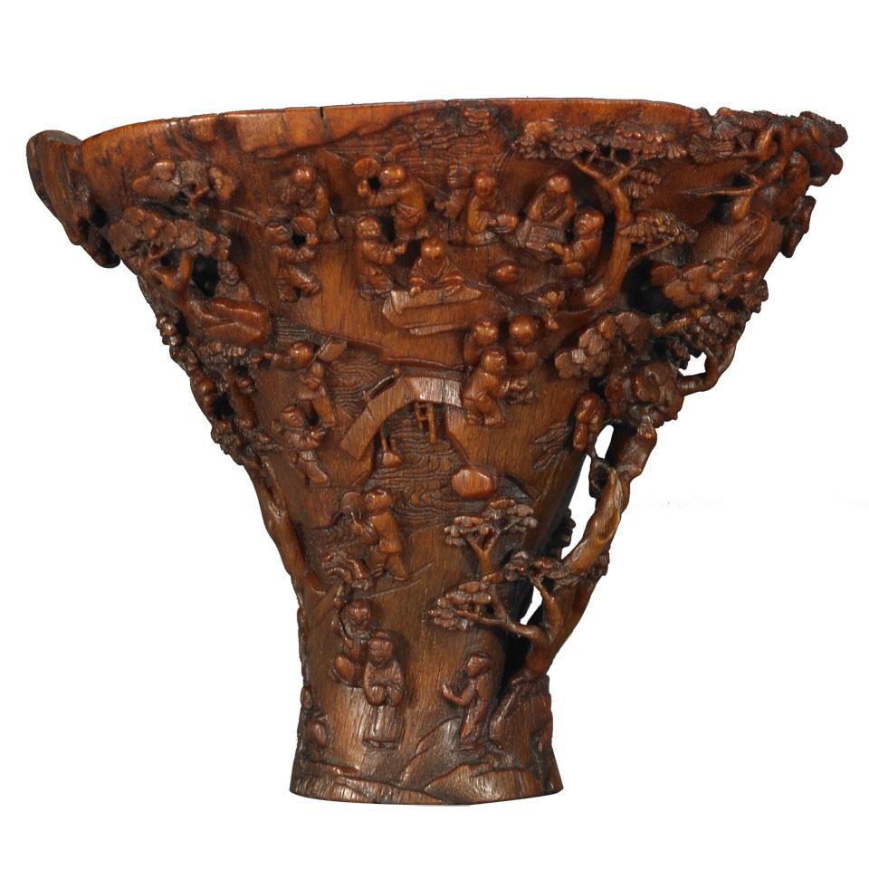 Rare Rhinoceros Horn Carved ‘Hundred’ Boys’ Libation Cup, Qing Dynasty, 17th Century
