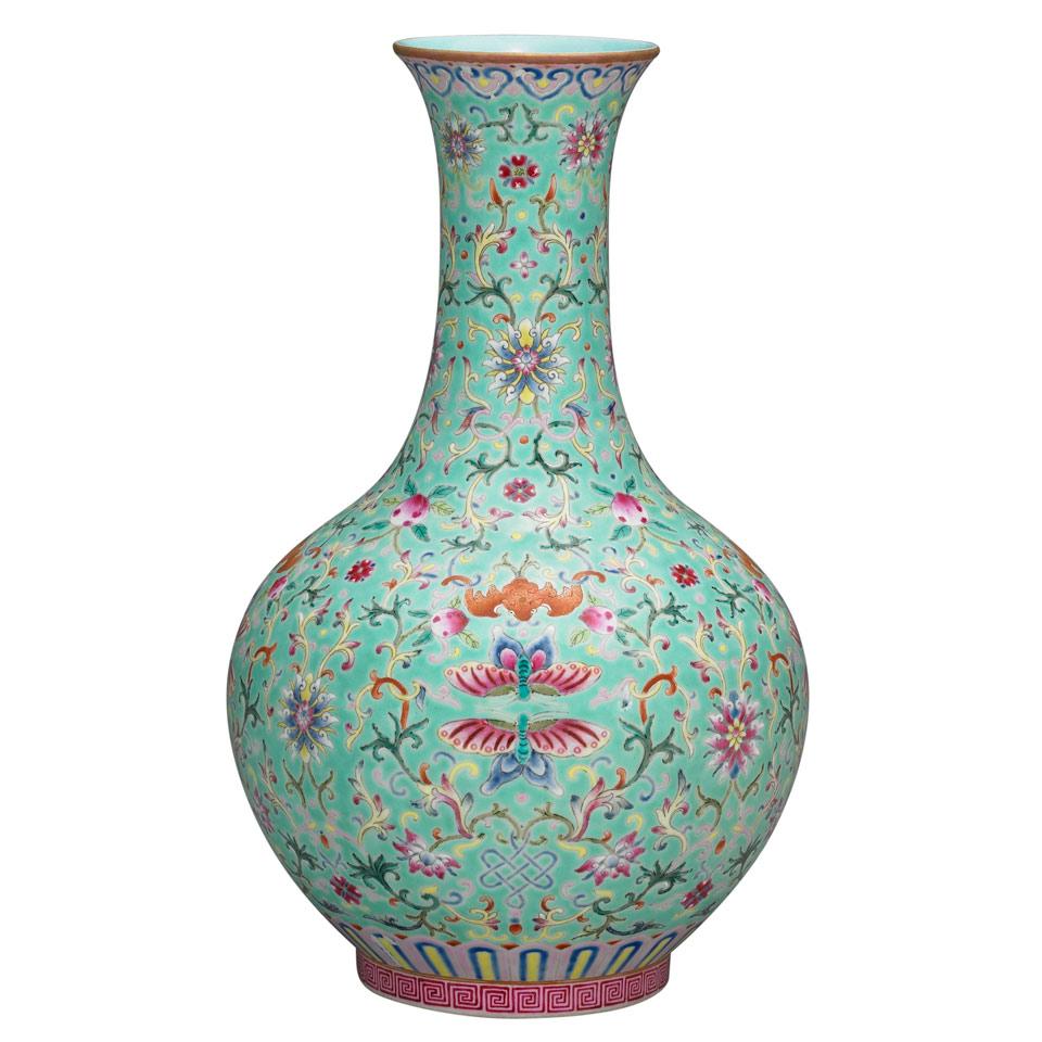 Famille Rose Turquoise Ground Vase, Qianlong Mark