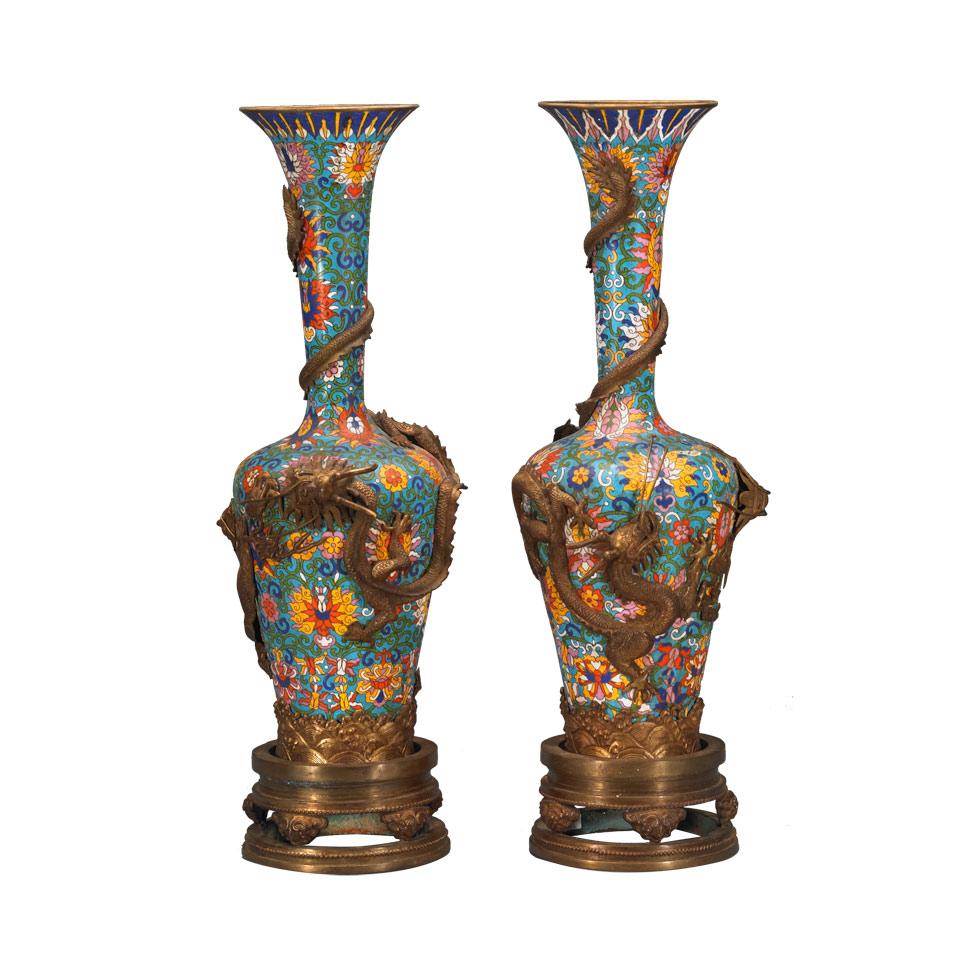 Pair of Cloisonné Enamel Vases with Bronze Cast Dragons and Mountings