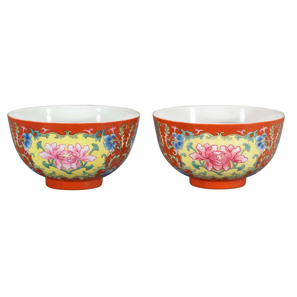 Pair of Coral Ground Peony Bowls, Qing Dynasty, Daoguang Mark and Period (1821-1850)
