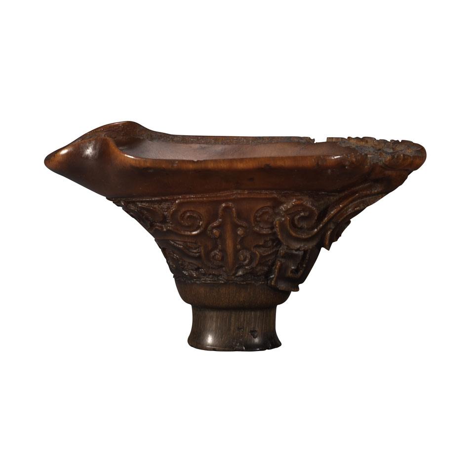 Horn Carved Archaistic Drinking Cup, Qing Dynasty, 19th Century