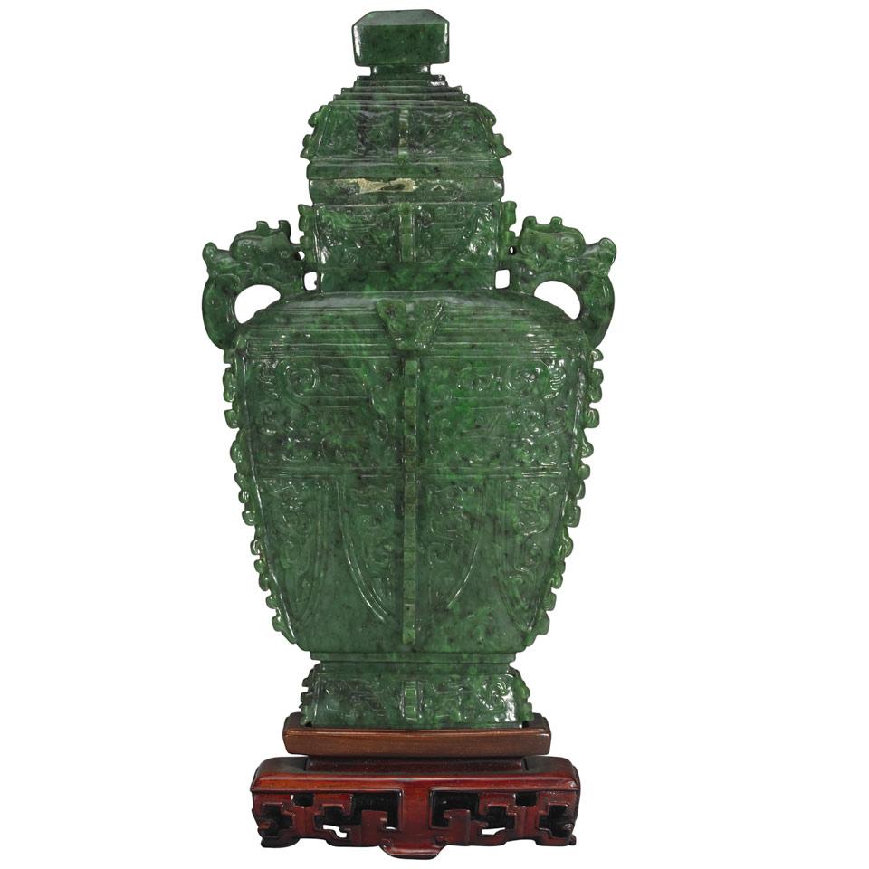 Spinach Green Jade Archaistic  Vase