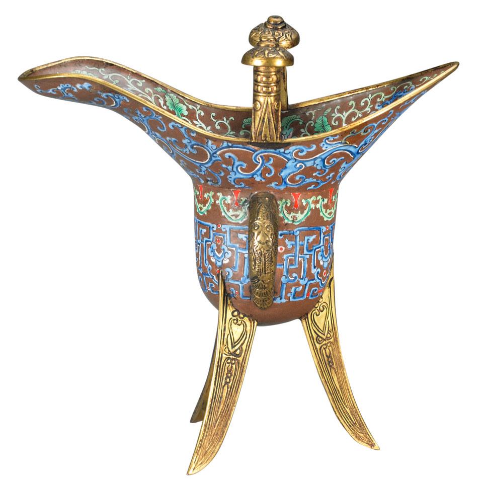Canton Enamel and Bronze Drinking Vessel, Jue, Qing Dynasty, 19th Century
