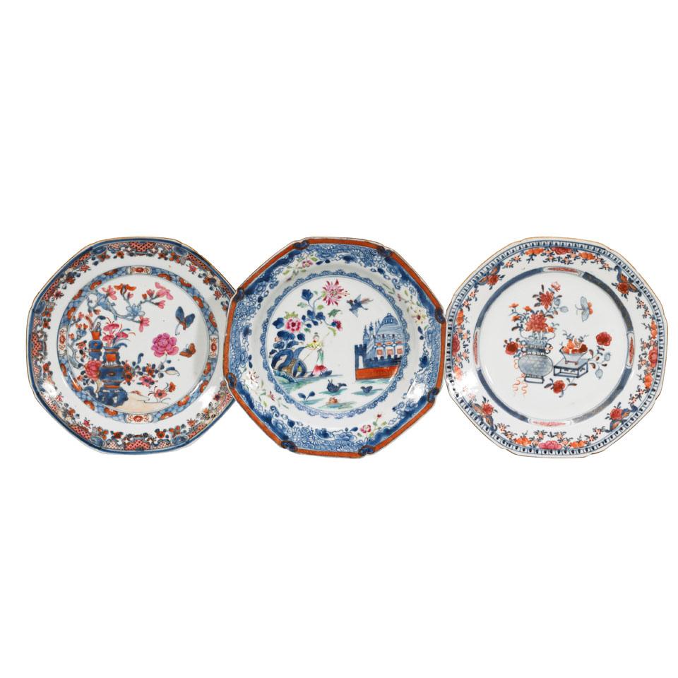 Three Export Famille Rose, Blue and White Plates, Qing Dynasty, 18th Century