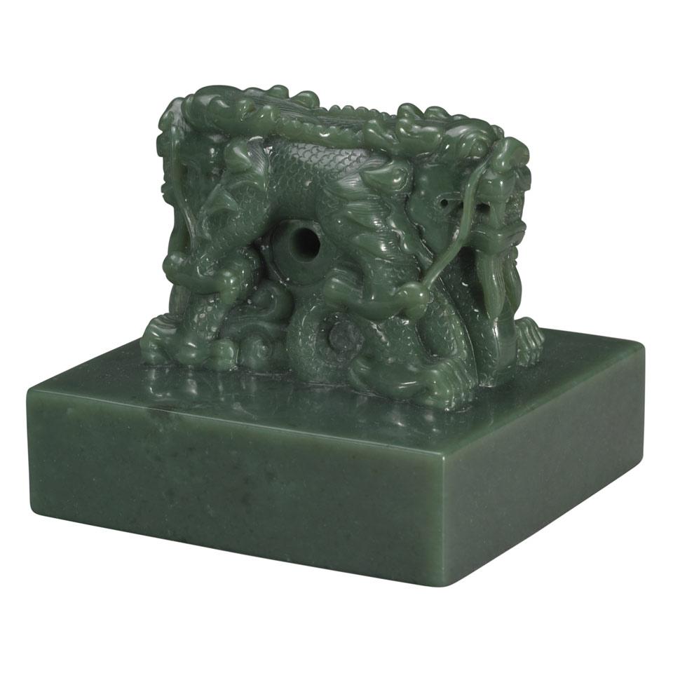 Khotan Green Jade ‘Huangdi Xinbao’ Seal, Qing Dynasty, 19th Century