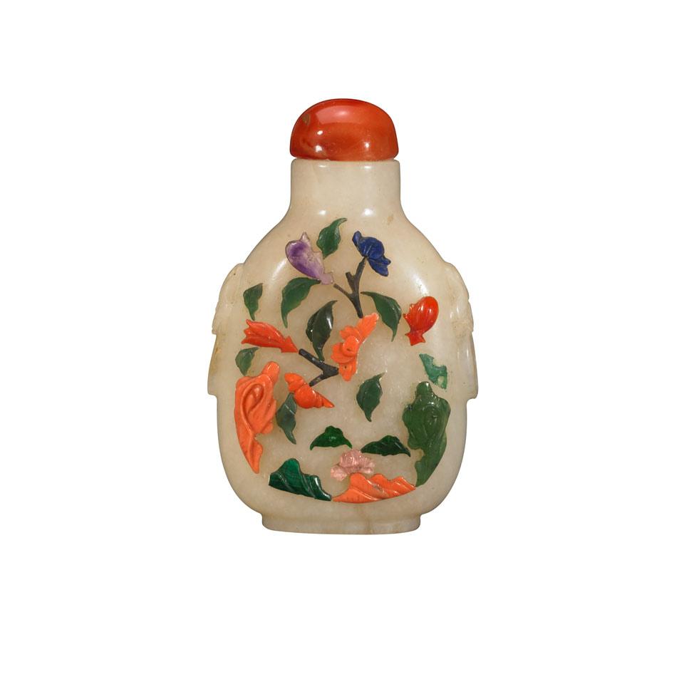 Hardstone Embellished Jade Snuff Bottle, Qing Dynasty, 19th Century