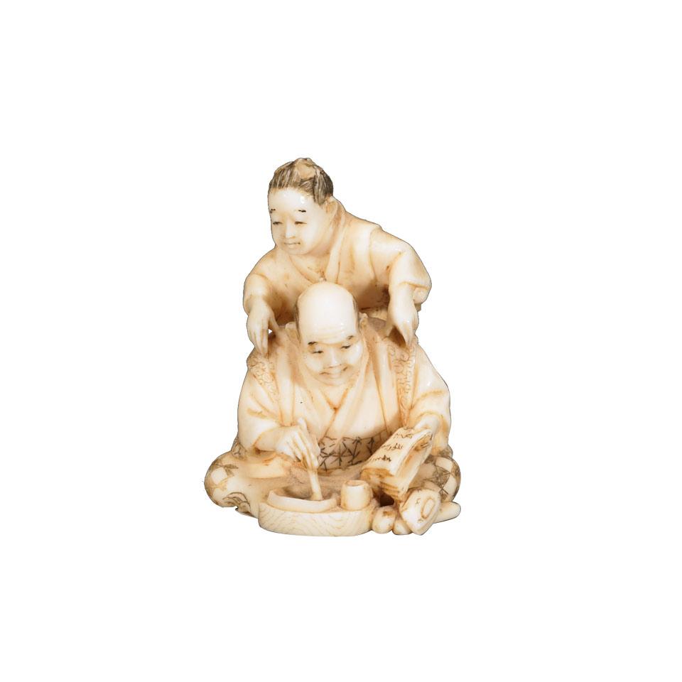 Ivory Netsuke of a Father and Son, 19th Century