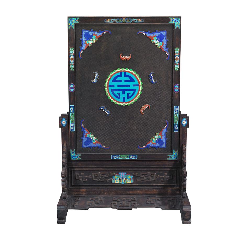 Large Hardwood and Cloisonné Enamel Table Screen, Early 20th Century