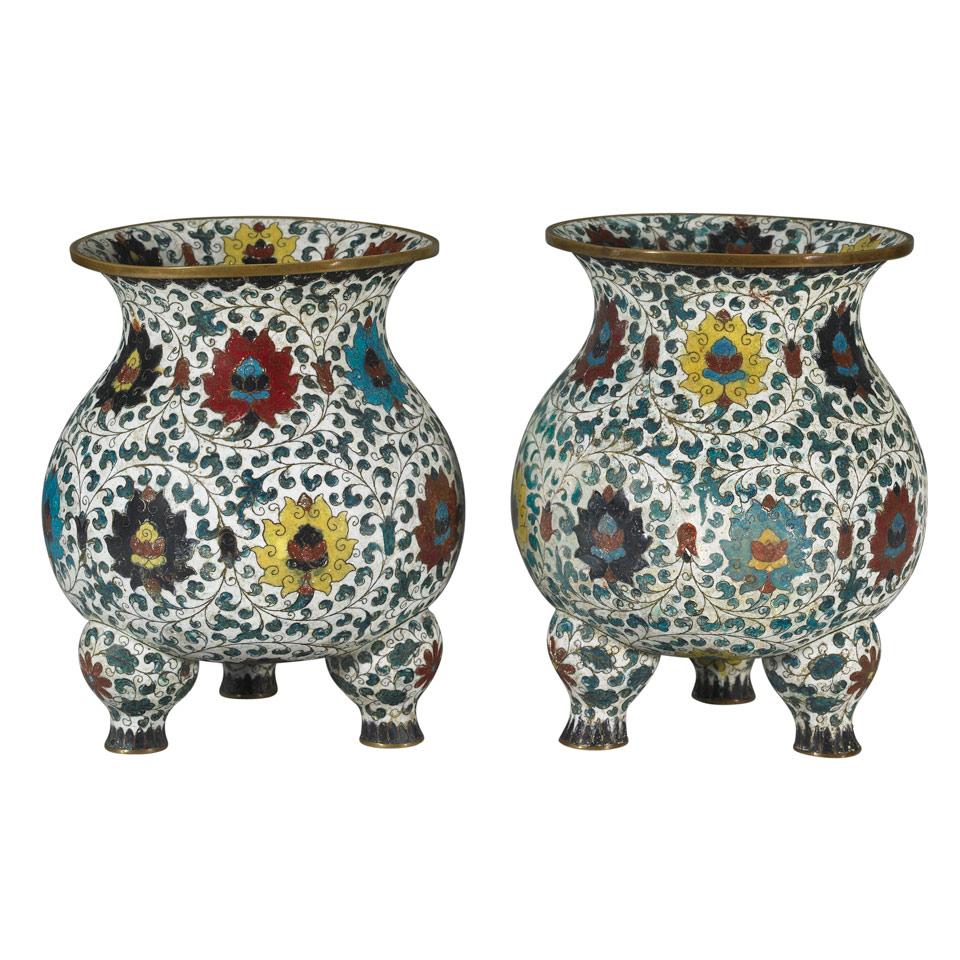 Pair of White Ground Cloisonné Enamel Tripod Censers, Qing Dynasty, 17th Century