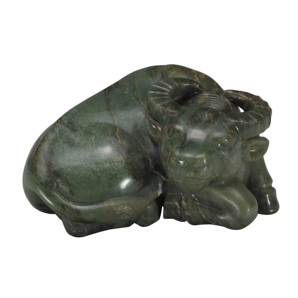 Large Spinach Green Jade Water Buffalo, Qing Dynasty, 18th/19th Century