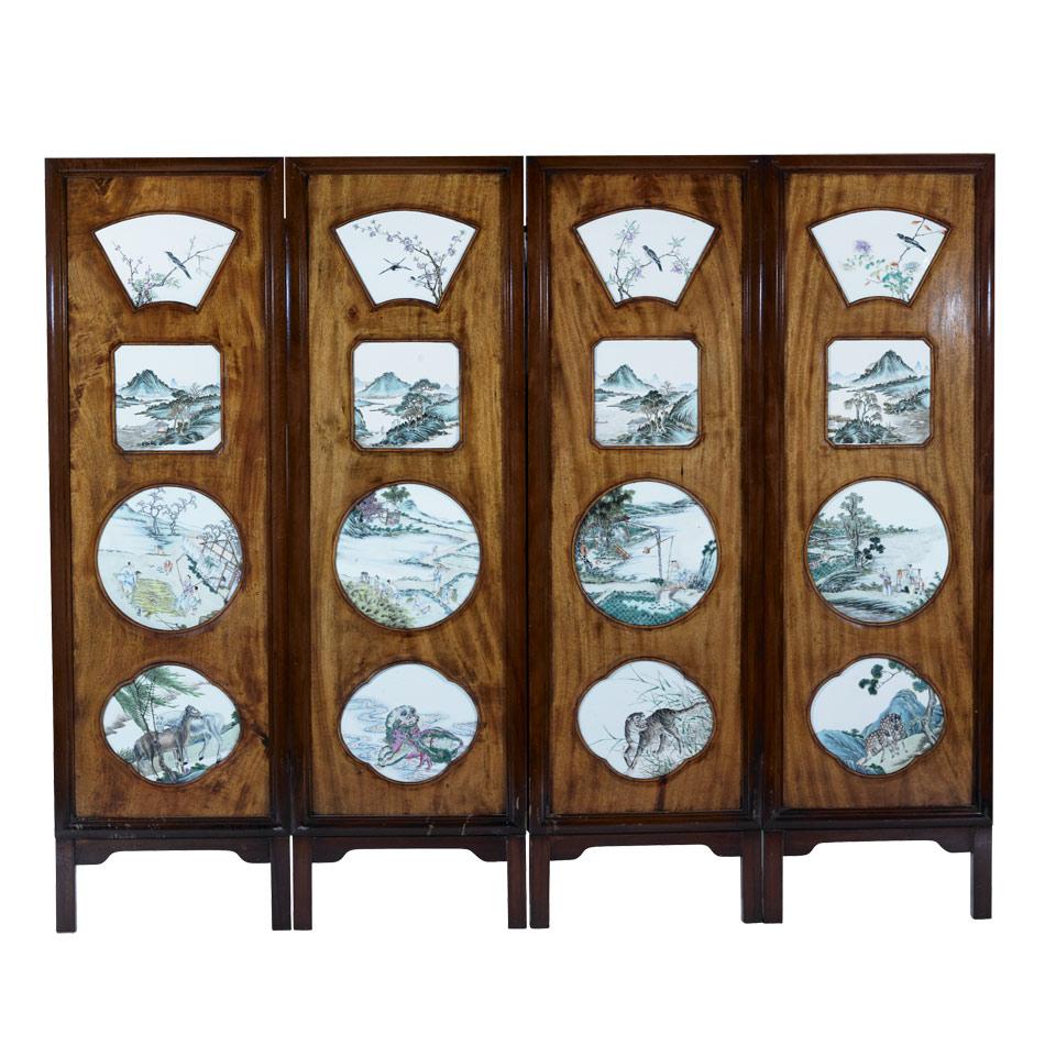 Four-Panel Hardwood Screen with Sixteen Famille Rose Porcelain Plaques, Qing Dynasty, 19th Century
