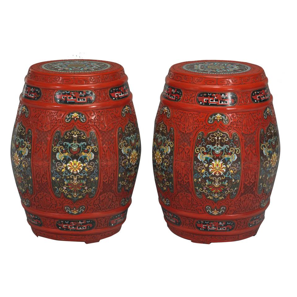 Pair of Cinnabar Lacquer and Cloisonné Enamel Drum Stools 