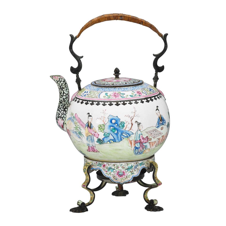 Canton Enamel Tea Kettle and Stand, Qing Dynasty, 18th Century