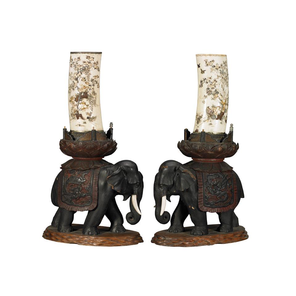 Pair of Ivory Shibayama Tusk Fragments with Wood Elephant Stands, Early 20th Century