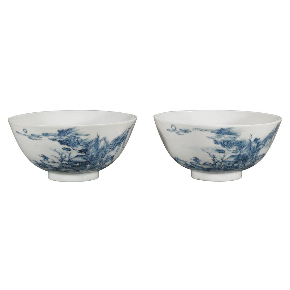 Pair of Finely Painted Blue and White Bowls, Qianlong Mark, Republican Period, Early 20th Century