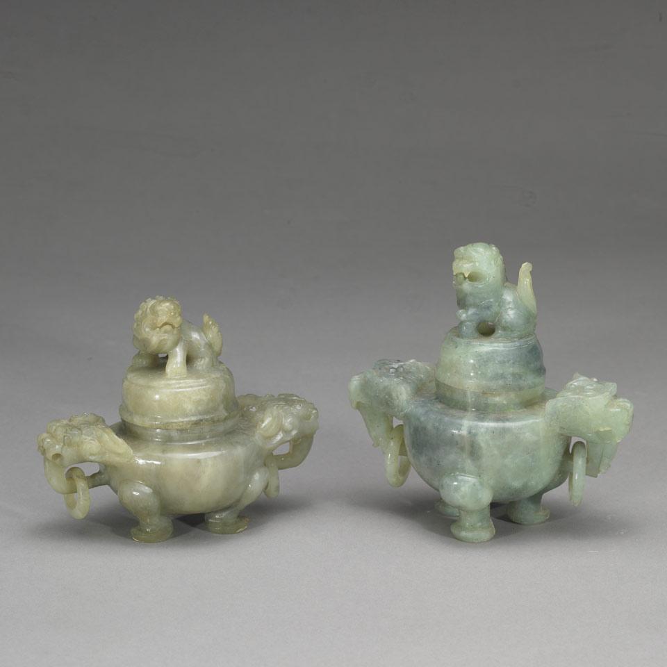 Two Hardstone Tripod Censers with Covers