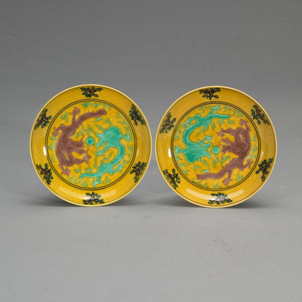 Pair of Yellow, Green and Aubergine Saucers, Guangxu Mark