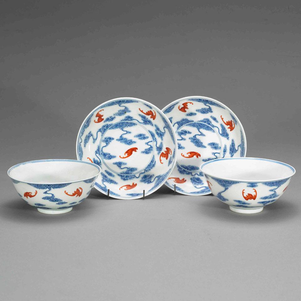 Pair of Blue and White Plates and Bowls, Guangxu Mark