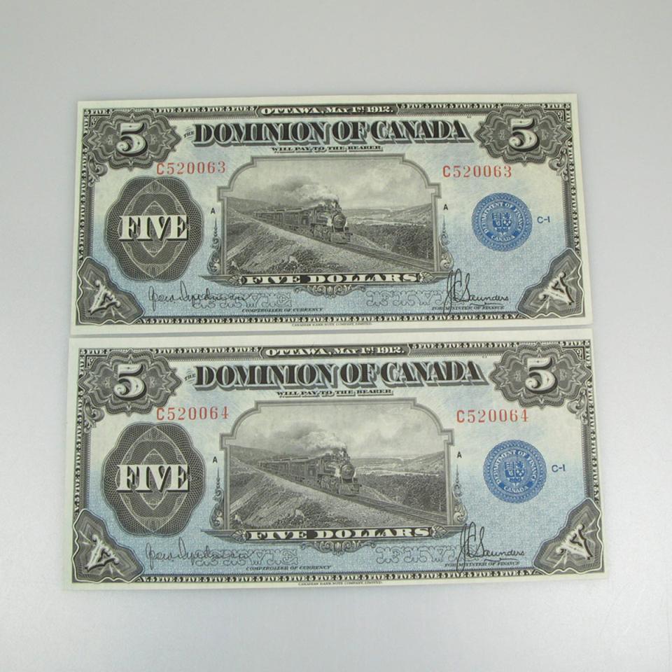 2 Dominion Of Canada 1912 $5 Bank Notes