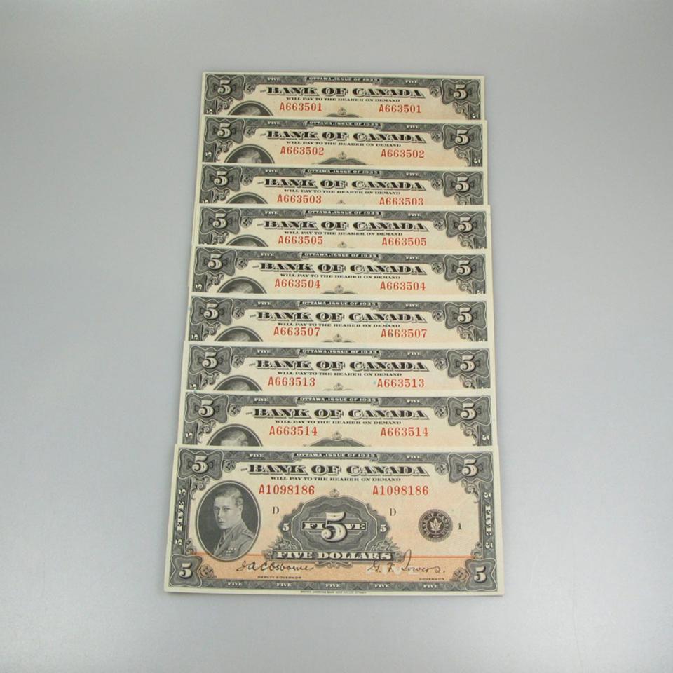 9 Canadian 1935 $5 Bank Notes