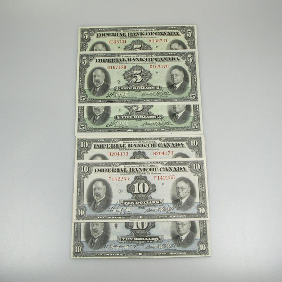 6 Imperial Bank Of Canada 1934 Bank Notes