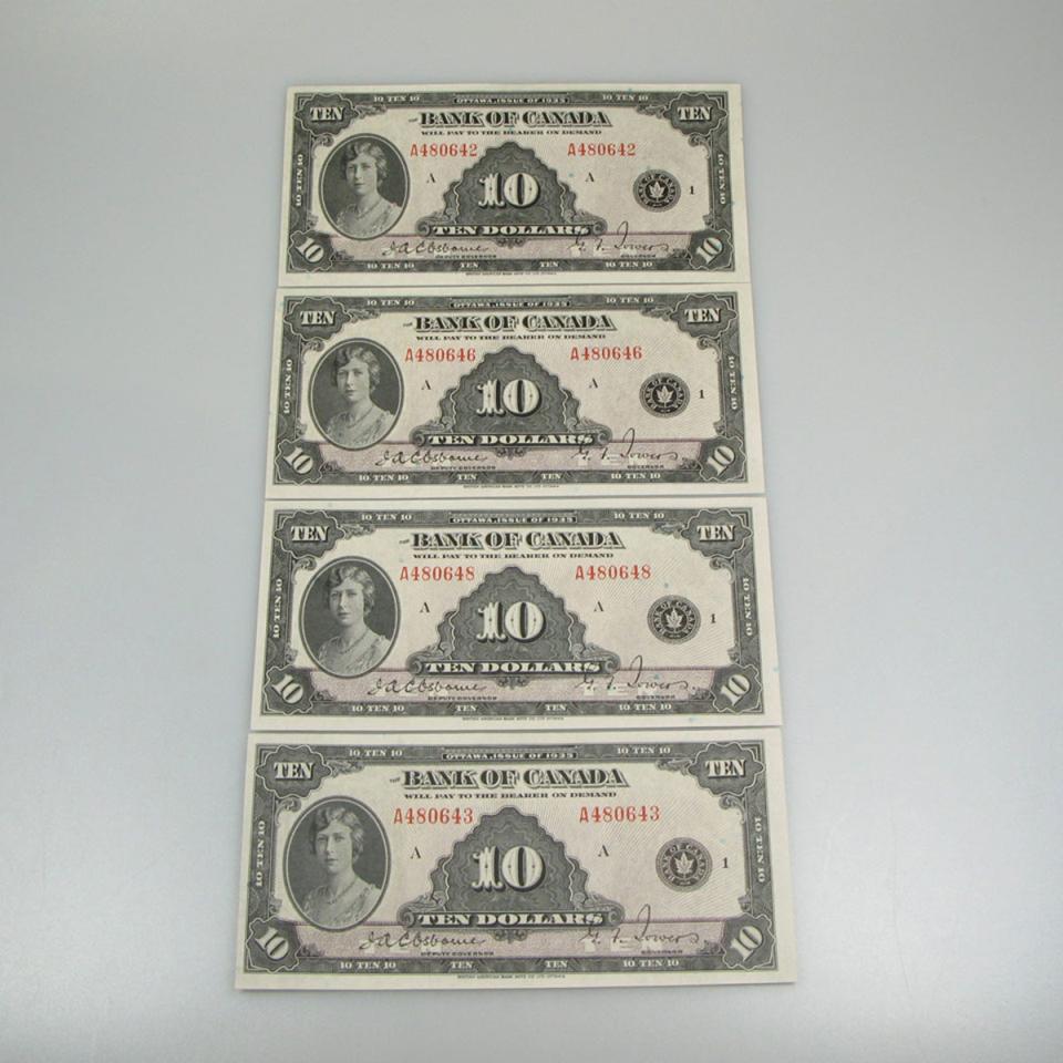4 Canadian 1935 $10 Bank Notes