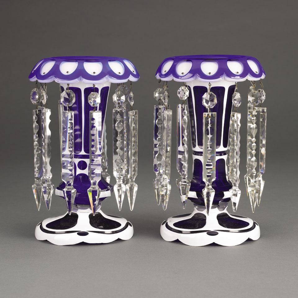 Pair of Bohemian Blue and Opaque White Cut Glass Lustres, c.1900