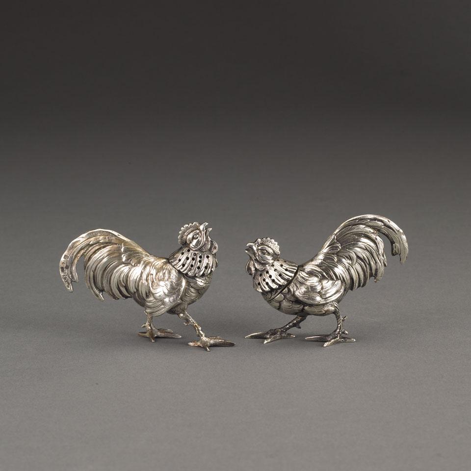 Pair of Continental Silver Rooster Form Pepperettes, 20th century