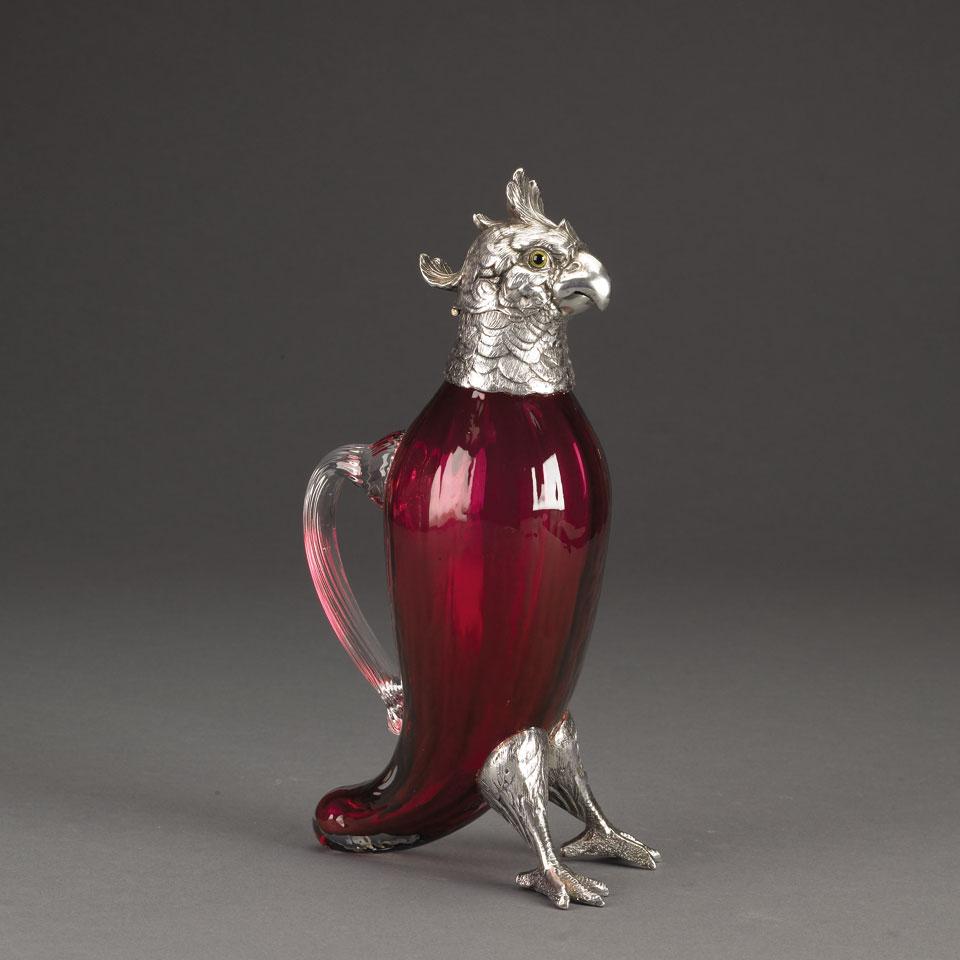 Silvered Metal and Red Glass Parrot Form Claret Jug, late 19th century