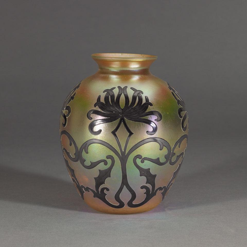 Quezal Engraved Silver Overlaid Iridescent Glass Vase, early 20th century