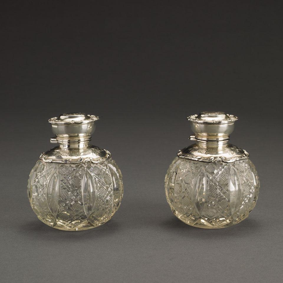 Pair of Edwardian Silver Mounted Cut Glass Toilet Water Bottles, Julius Mendess & Co., Birmingham, 1907
