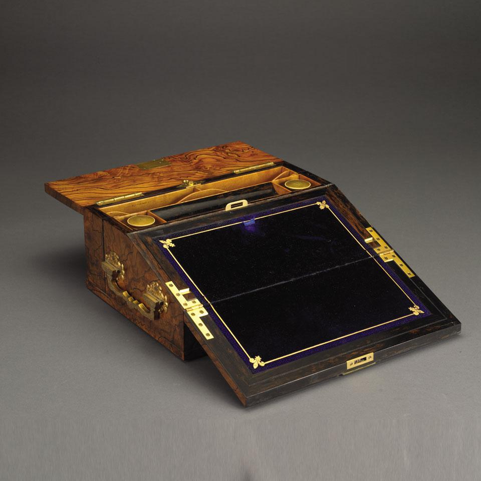 Victorian Pietra Dura and Engraved Gilt-Brass Mounted Olive Wood Lap Desk, Betjemann’s Patent No.288, c.1875