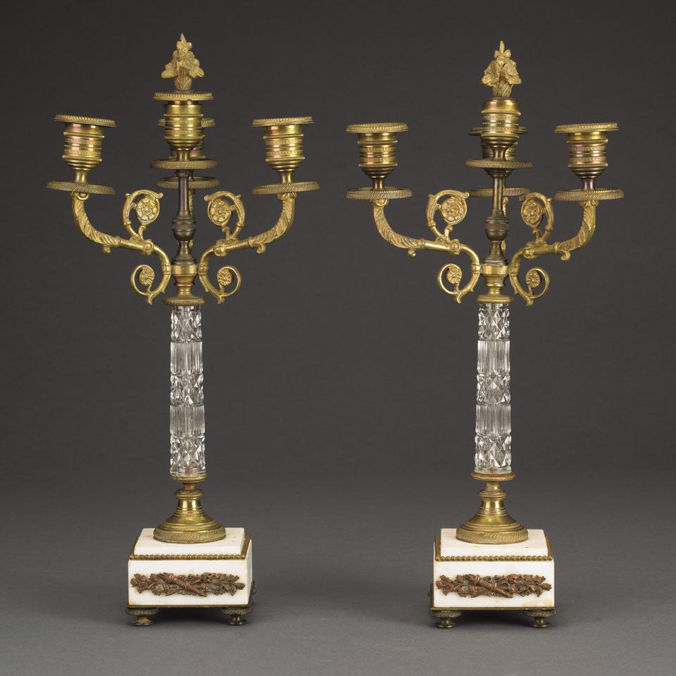 Pair of Gilt-Bronze, White Marble and Cut Glass Three-Light Candelabra, late 19th century
