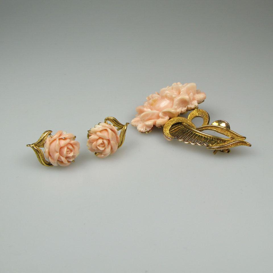 14k Yellow Gold Brooch And Screw-Back Earrings