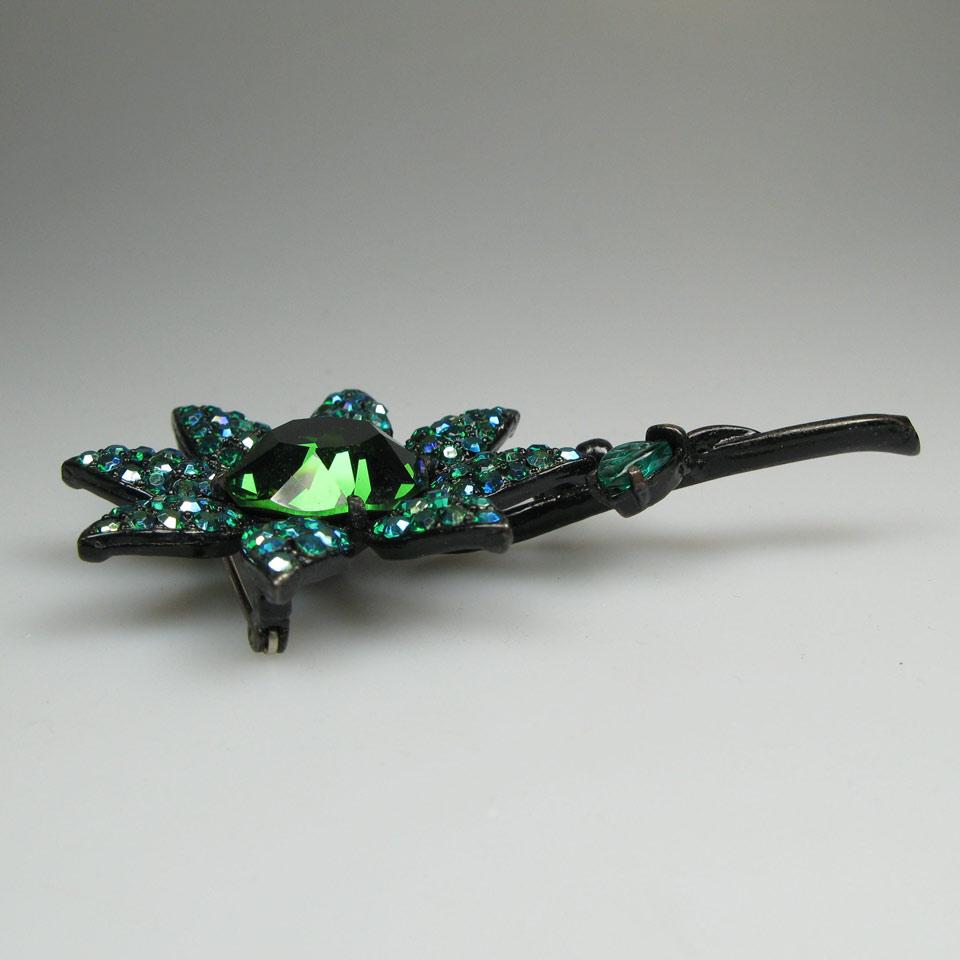 Weiss Japanned Floral Brooch set with green and teal rhinestones