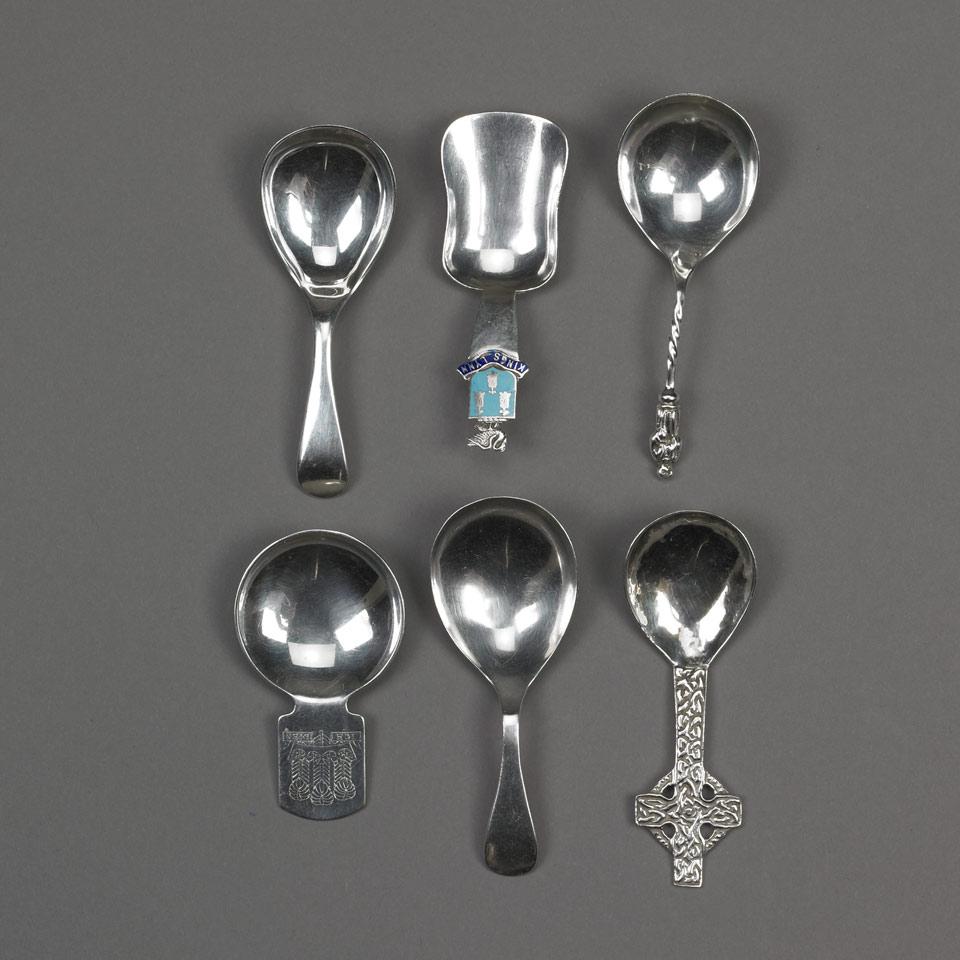 Six English Silver Tea Caddy Spoons, various Birmingham, Sheffield and Chester makers, 1913-94