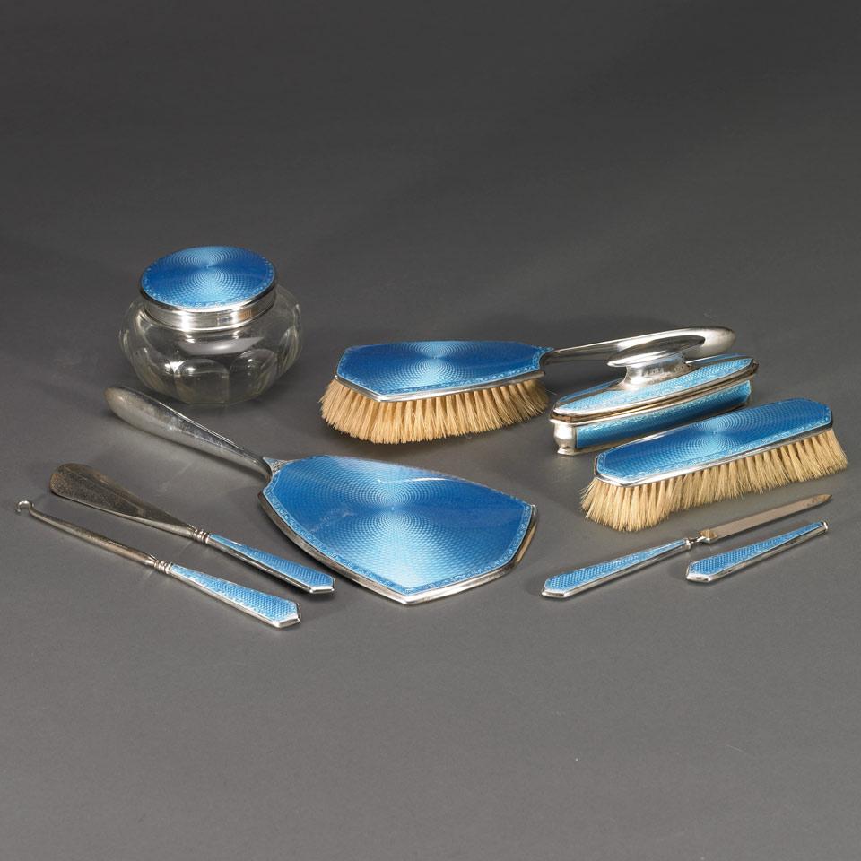 English Silver and Translucent Blue Enamel Dressing Table Set, Charles S. Green & Co., Birmingham, 1924-25