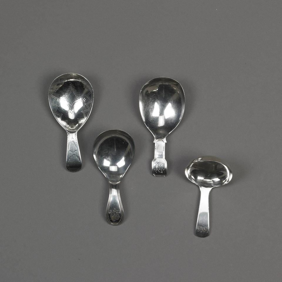 Four George III Silver Tea Caddy Spoons,   London and Birmingham makers, 1791-1808