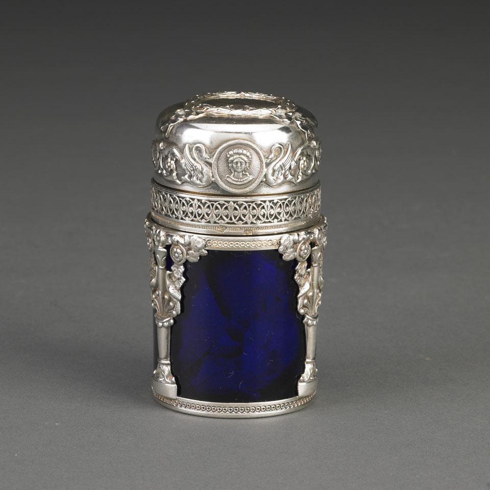 French Silver Mounted Blue Glass Toilet Jar, Paris, c.1900