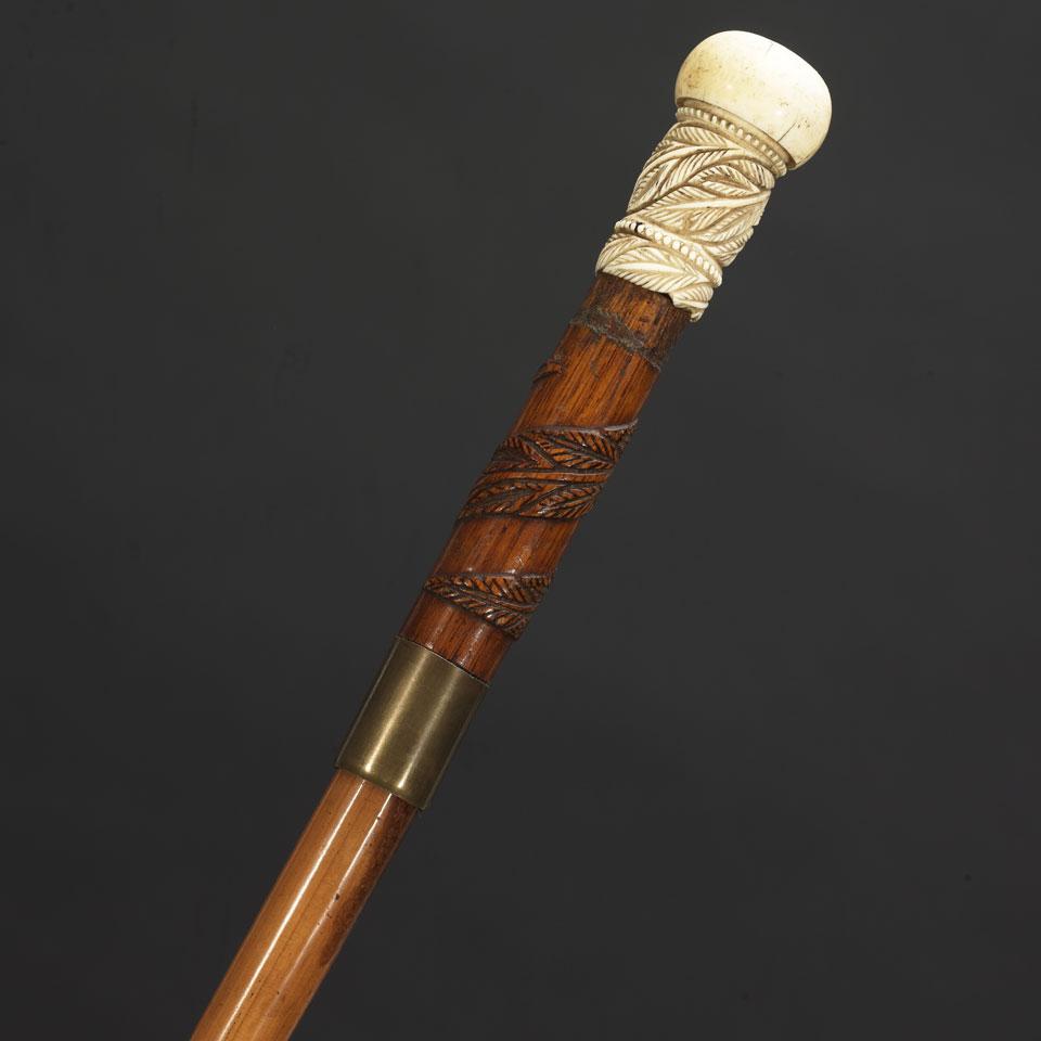 Foliate Carved Ivory and Exotic Wood Stiletto Cane, c.1900