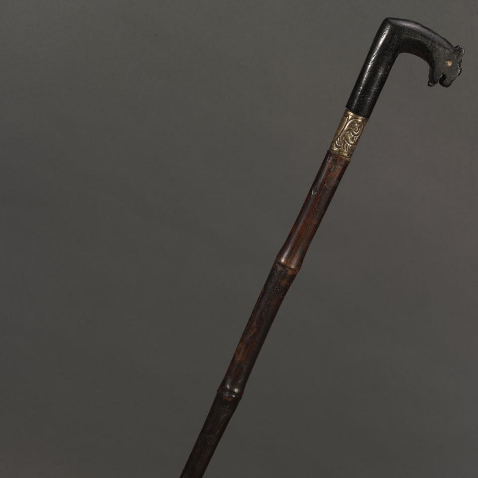 Anglo-Indian Bone Inlaid Carved Ebony Handled Sword Cane, 19th century