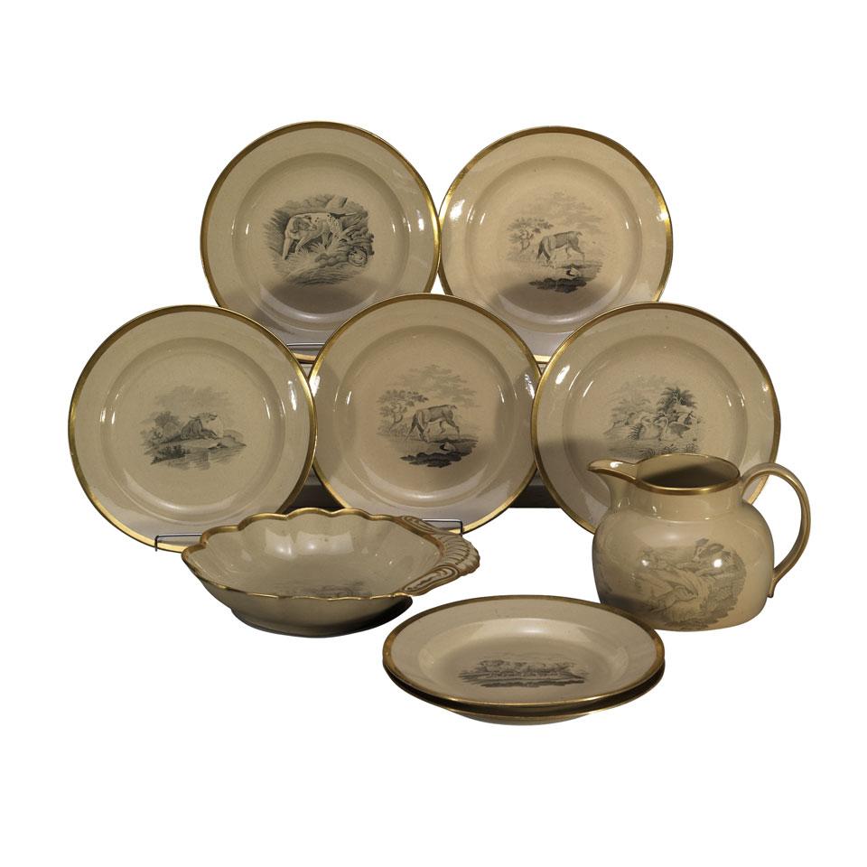 Spode Bat-Printed Drabware Shell Dish, Jug and Seven Dessert Plates, c.1810