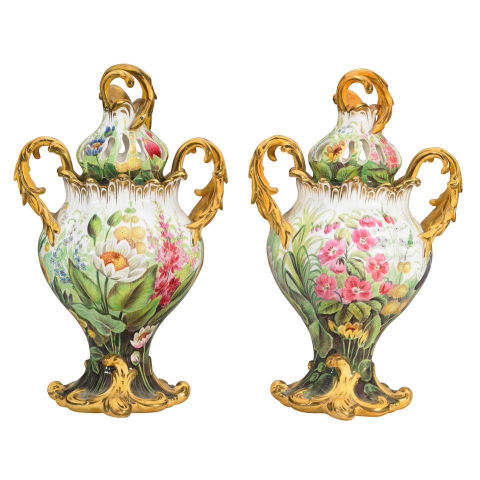 Pair of English Porcelain Potpourri Vases and Covers, mid-19th century