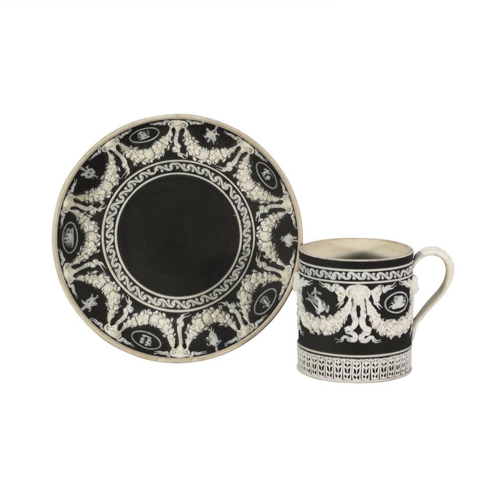 Wedgwood Black Jasper-Dip Coffee Can and Saucer, mid-19th century